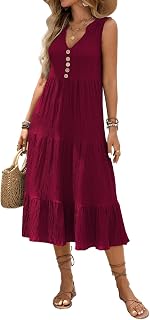 DJ529 Women's Summer Elegant Dress Shirt Striped V-Neck Sleeveless Fit and Flare A-Line Casual Dresses, Burgundy, M