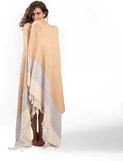 Ritzy Wool Throw Blanket, Solana Super Soft, Lightweight, 100 Percent Pure Merino, 18- Micron, Boho Style, Desert Yellow, Sea Salt and White Stripe, 60 x 80 Inches, Hand Knotted Tassels.