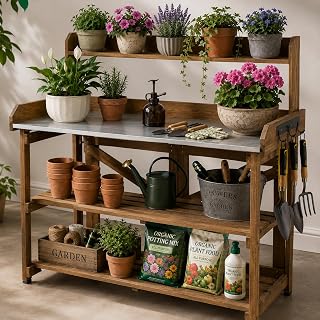 Garden Potting Bench Table Wooden Horticulture Outdoor Planting Work Bench with Metal Tabletop/Hooks/2 Large Open Shelf(34.8" LX 18" W X 46.6" H)