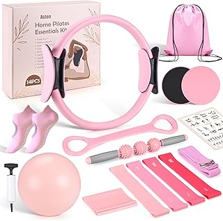 Home Pilates Kit for Women: Pilates Equipment Pilates Ring and Ball Set with Resistance Bands, Core Slider, Foam Roller, Pilates Essentials Kit for Beginner Home Workout, Compact Toning Fitness