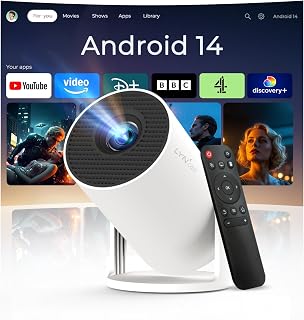 Mini Portable Projector for Bedroom 4K Support App Control Upgraded 300Pro+ | Home Cinema Projector Android 14 Built-in Apps Auto Keystone Ceiling TV Projector WiFi 6 & Bluetooth 5.4, White