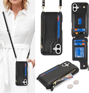 Cavor Custodia per iPhone 16 Plus con porta carte, per iPhone 16 Plus, custodia a portafoglio da donna, custodia per iPhone 16 Plus, custodia con cinturino, cordino a tracolla e tasca con cerniera,