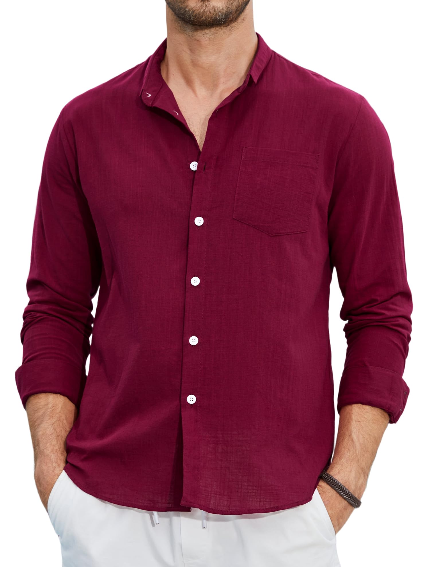 Enlision Men's Linen Shirt Long Sleeve Summer Cotton Henley Shirts Korean Collar