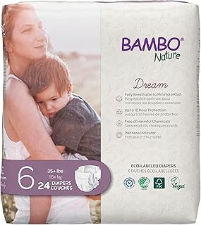 Bambo Nature Hypoallergenic Dream Baby Diapers, Eco-Labeled Sustainable Diapers, Enhanced Leakage Protection, Totally Chlorine-Free, Skin Friendly, and Super Absorbent - Size 6 (35+lbs) - 24 Count