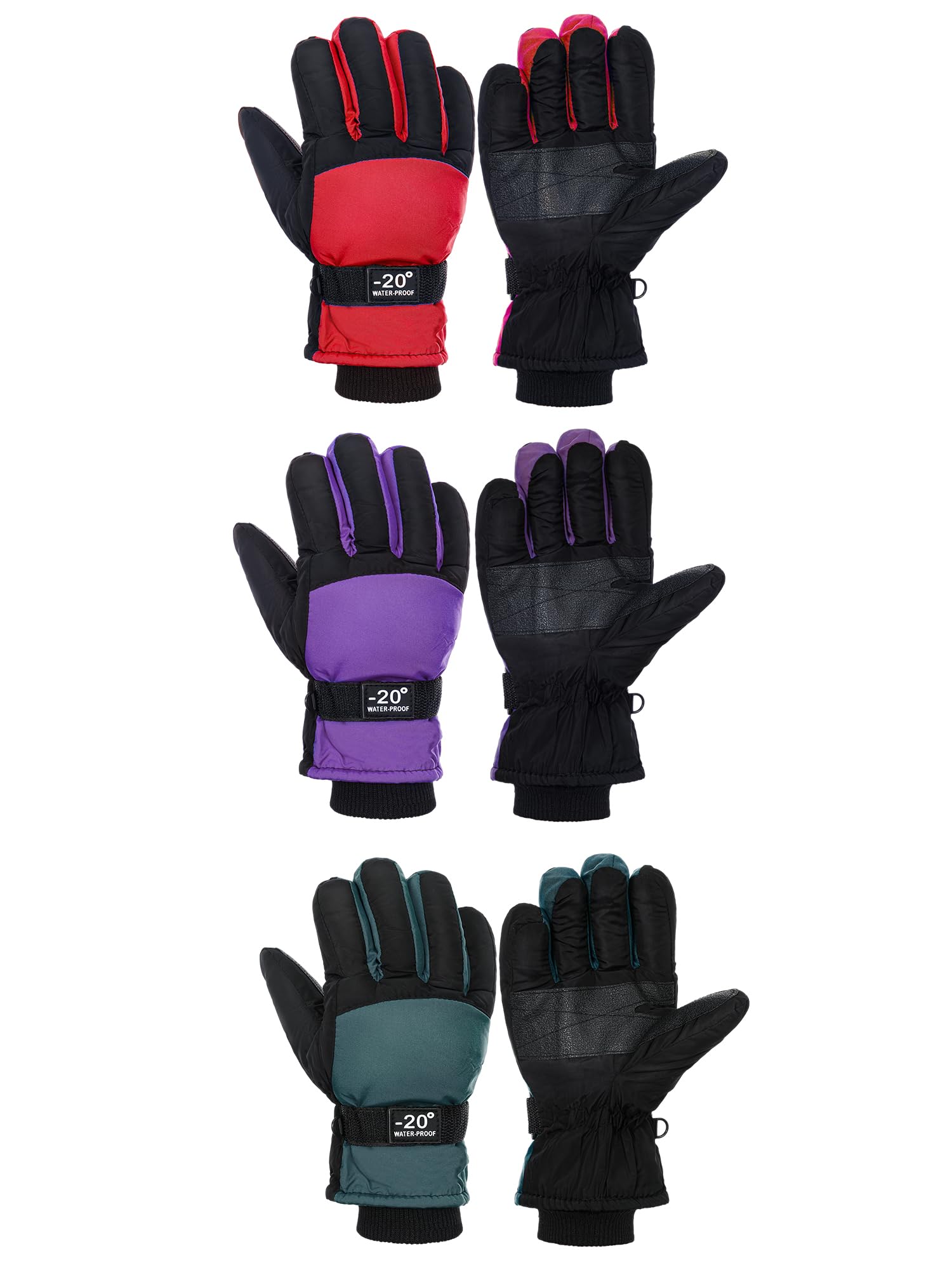 Bencailor 3 Pairs Kids Winter Gloves, Waterproof, Windproof Adjustable Warm Ski 