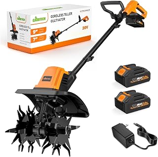 GARDTECH 20V Cordless Tiller Cultivator,330 RPM Electric Tiller with 2x4.0Ah Batteries & Charger,9In Tilling Width and 6In Depth Garden Tiller for Gardening,Hard Soil,Lawn & Raised Beds