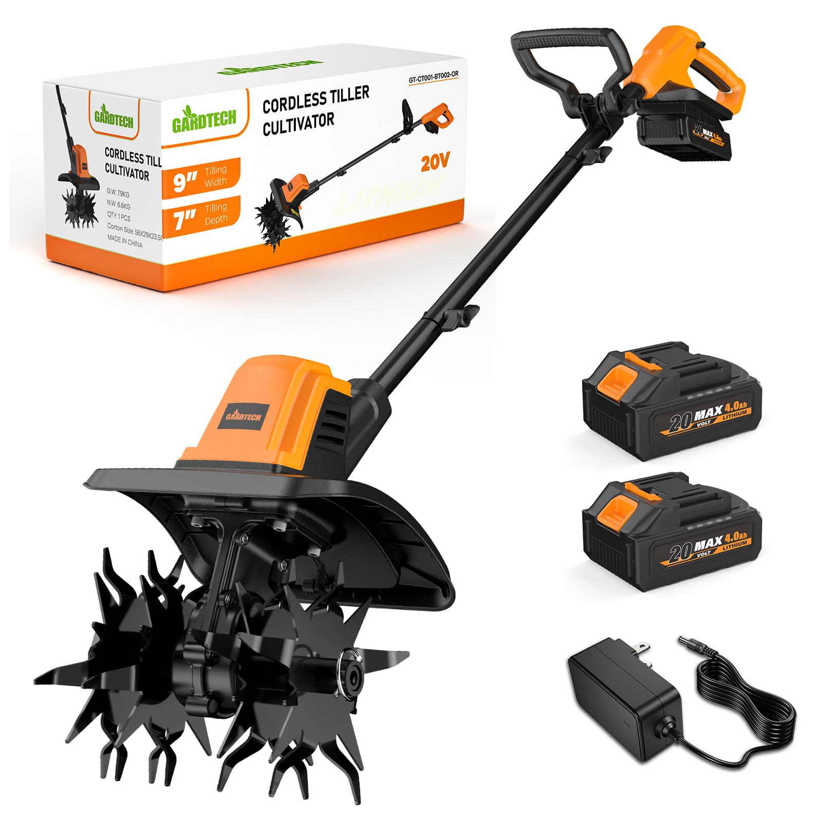 GARDTECH 20V Cordless Tiller Cultivator,330 RPM Electric Tiller with 2x4.0Ah Bat