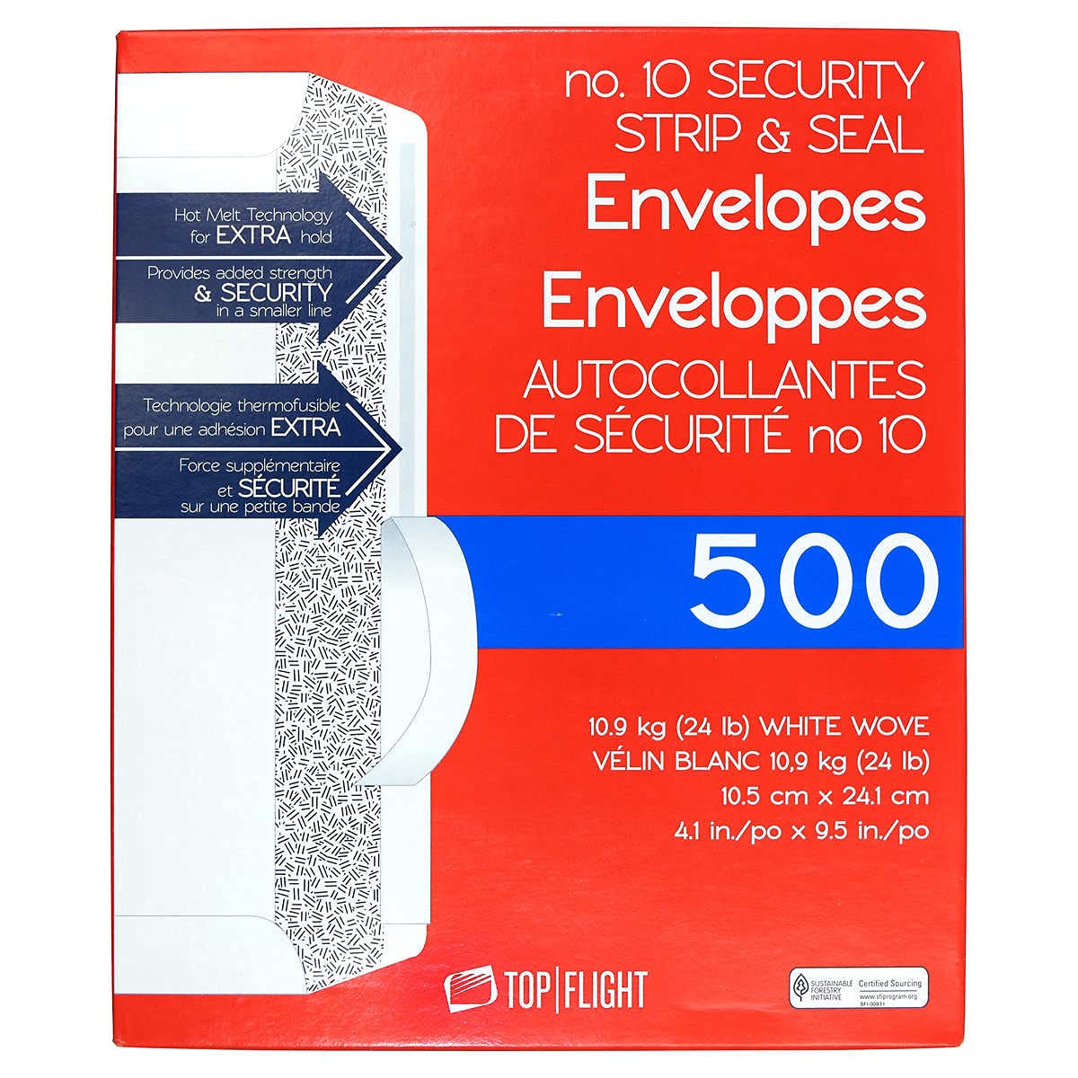 Top Flight PSTF10NWT #10 Envelopes, Strip & Seal, Security Tinted, White Paper, 