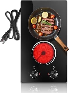 2 Burner Electric Cooktop 110V, 12 Inch Electric Cook Top Plug in, 2000W | Electrics Stove with Knob Control, Countertop & Built-in Ceramic Stovetop, 9 Heating Level, Residual Heat Indicator