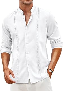 Coofandy Cuban Men's Shirts Guayabera Casual Long Sleeve Button Shirts Bandeau Collar Shirts Summer Beach Linen Shirts
