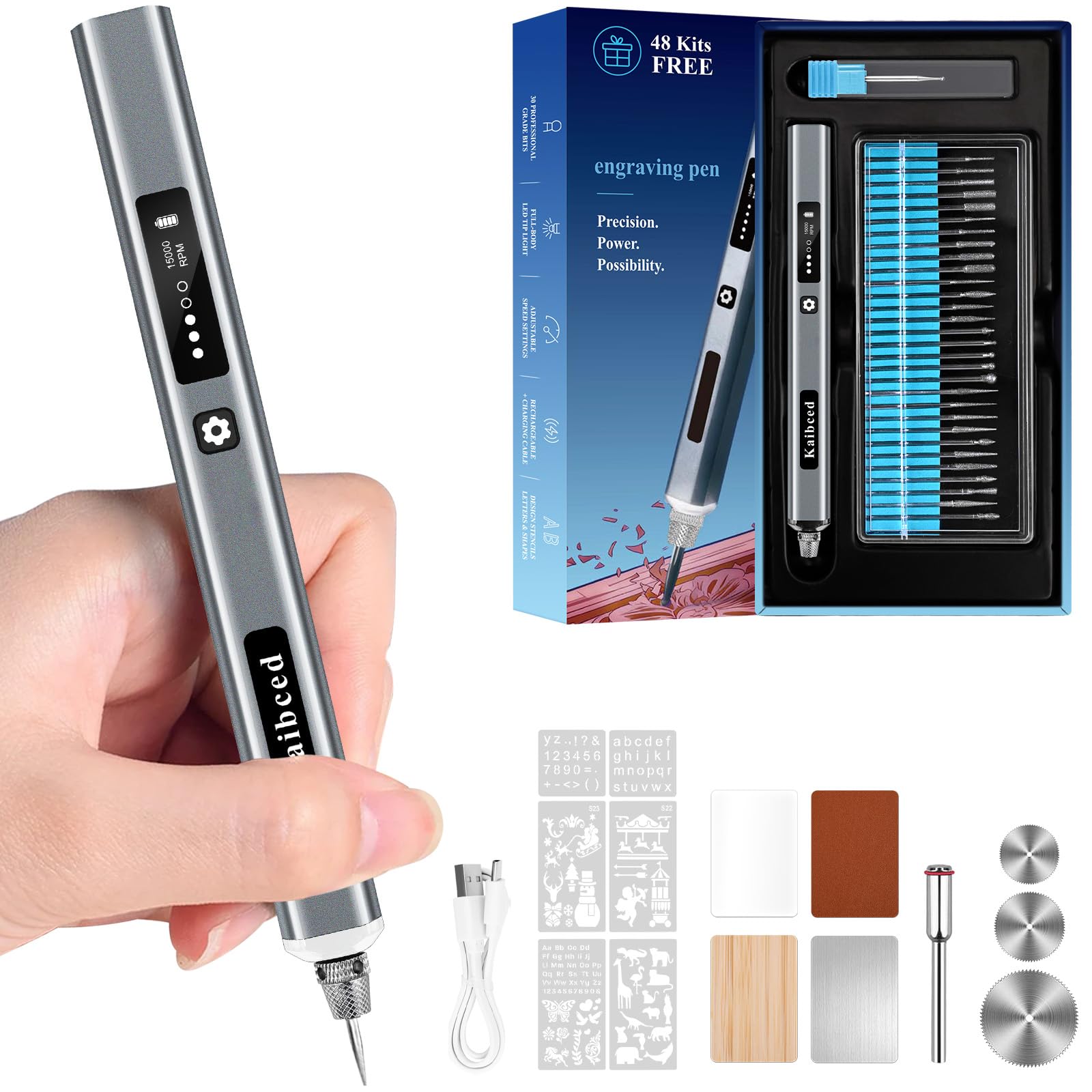 Kaibced Cordless Engraving Pen with 48 Kits & LED Screen, 5-Speed Engraver Pen f