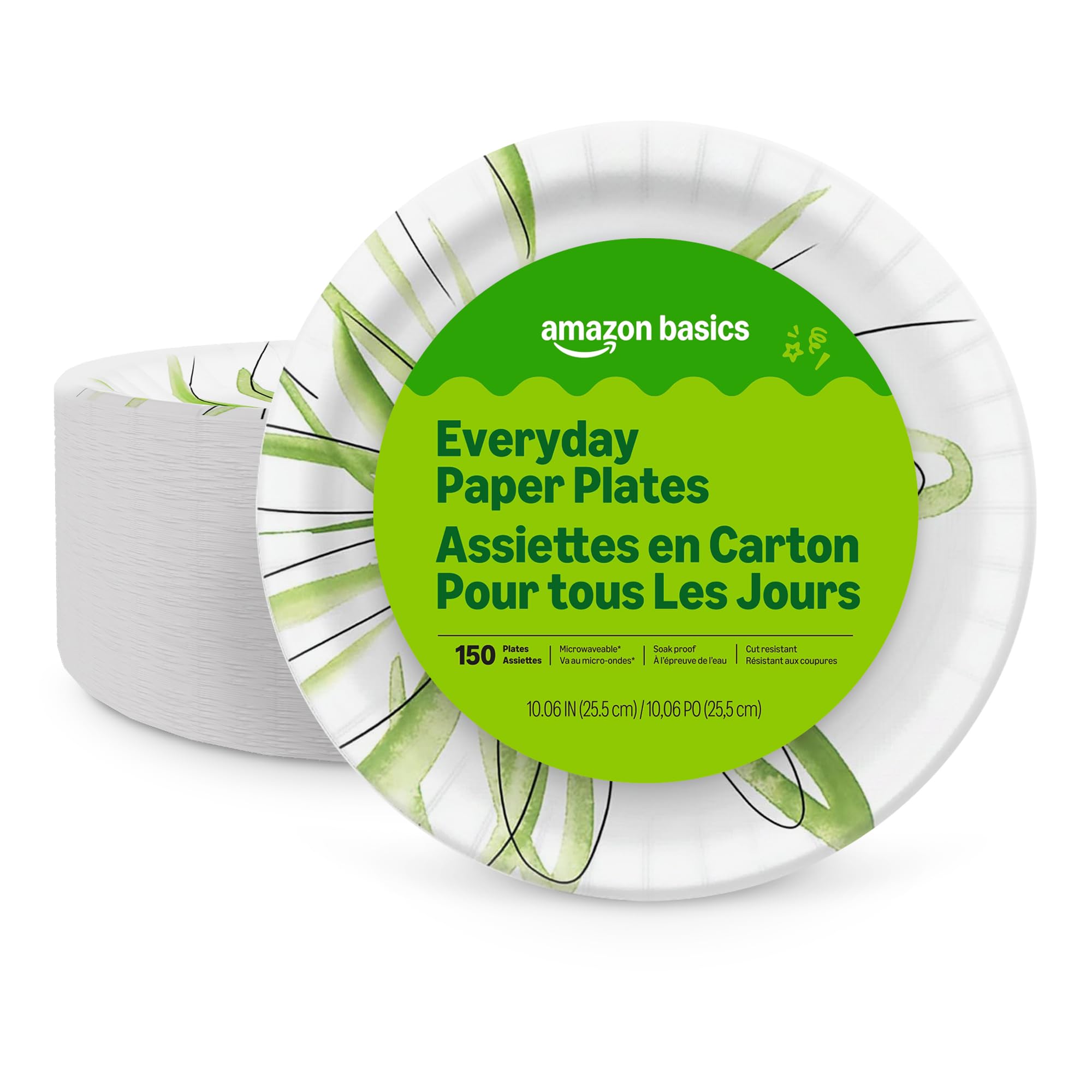 Amazon Basics Everyday Paper Plates, 10 Inch, Disposable, 150 Count, Packaging M