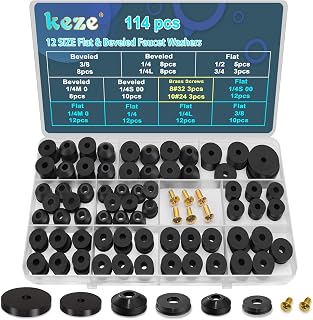 KEZE 114 PCS 12 Size Tap Washers Assorted Kit with Brass Bibb Screws Assortment Flat and Beveled Rubber Washer Fits 1/4'',3/8'',1/2'',3/4'' Taps Stem Leak Worn Out Seal Repair