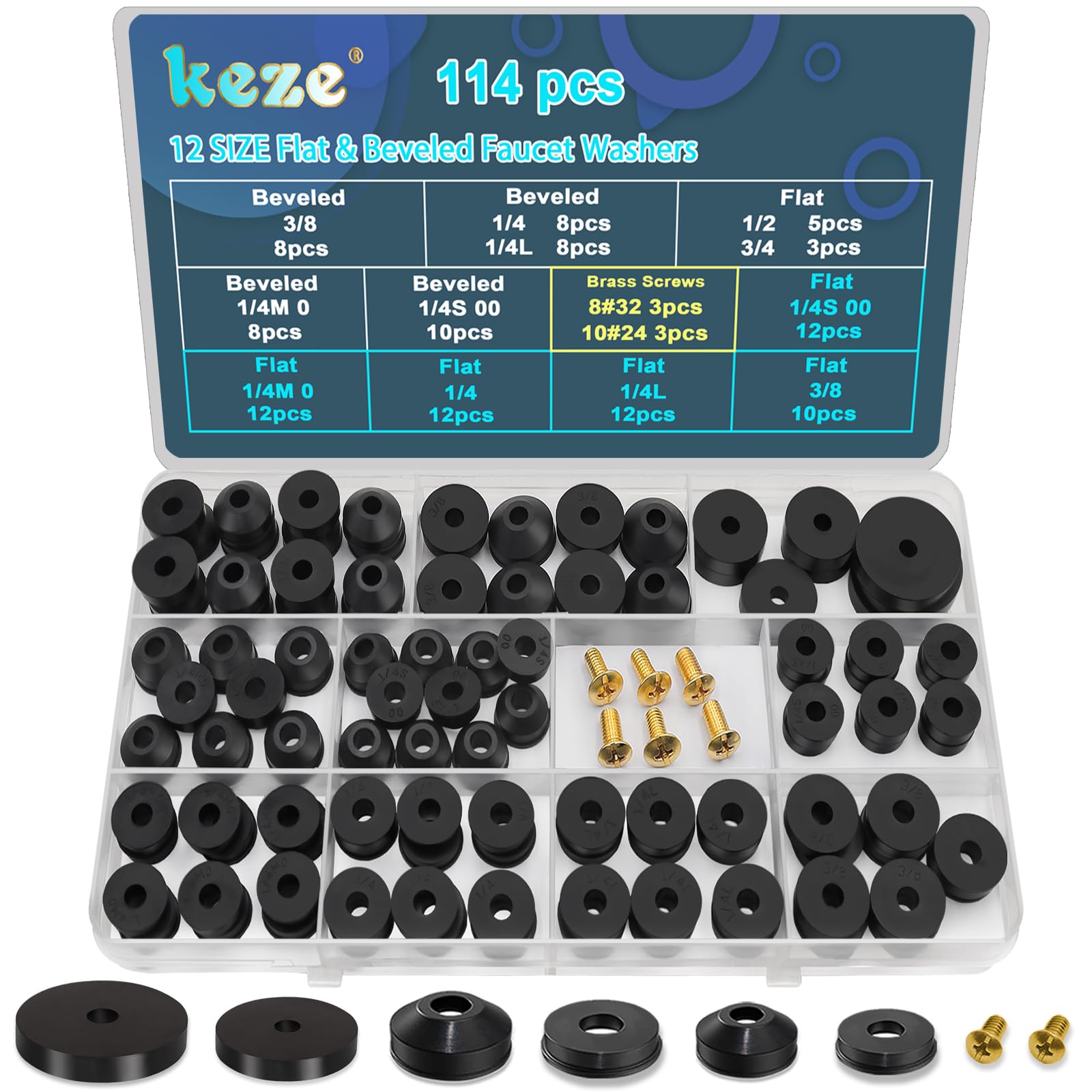 KEZE 114 PCS 12 Size Tap Washers Assorted Kit with Brass Bibb Screws Assortment 