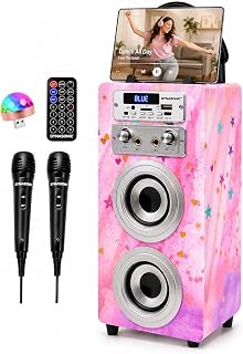 DYNASONIC Karaoke Machine with 2 Microphones, Portable Bluetooth Speaker with Lights, USB and SD Reader, Gift for Children Ages 5-13 (Model 15 lights)