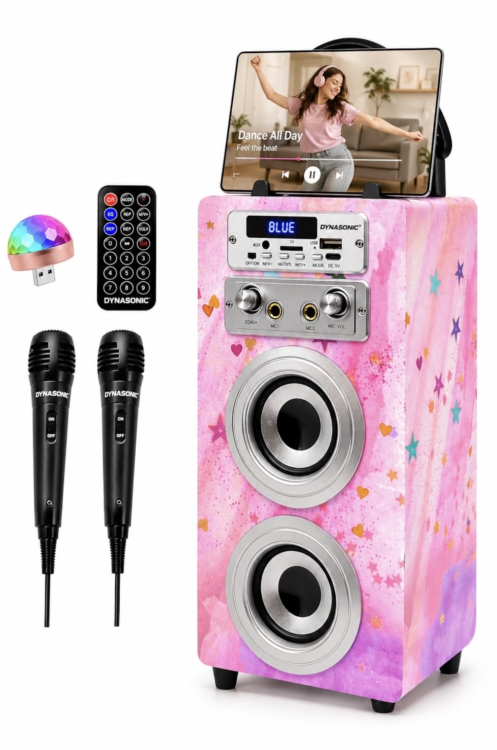 DYNASONIC Karaoke Machine with 2 Microphones, Portable Bluetooth Speaker with Li