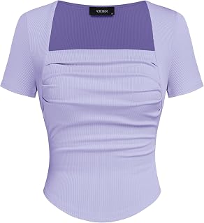 CIDER Going Out Tops Square Neck Ruched Short Sleeve Slim Fit Tee Shirt Basic Casual Tops for Women