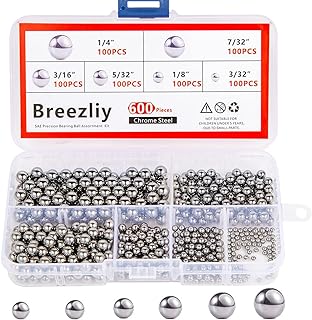 Breezliy 600 Piece 6 Sizes Assorted Loose Bicycle Bearing Balls 1/4" 7/32" 3/16" 5/32" 1/8" and 3/32"