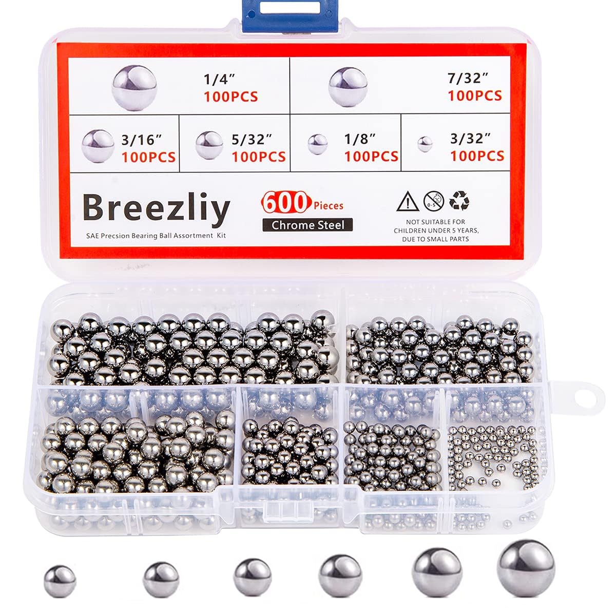 Breezliy 600 Piece 6 Sizes Assorted Loose Bicycle Bearing Balls 1/4" 7/32" 3/16"