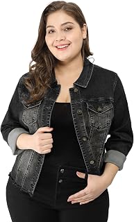 Agnes Orinda レディース プラスサイズ クラシック ウォッシュド フロント フレイド デニムジャケット