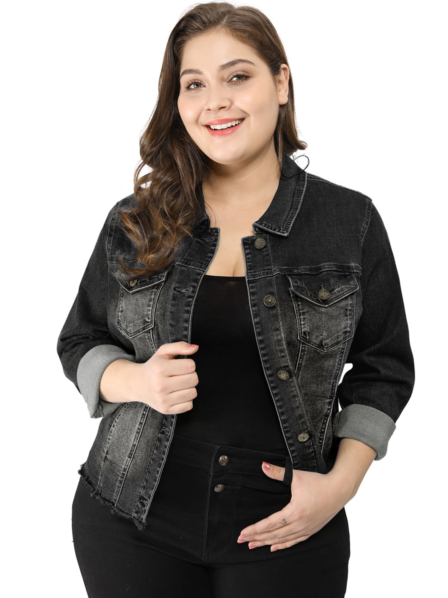 Agnes Orinda レディース プラスサイズ クラシック ウォッシュド フロント フレイド デニムジャケット