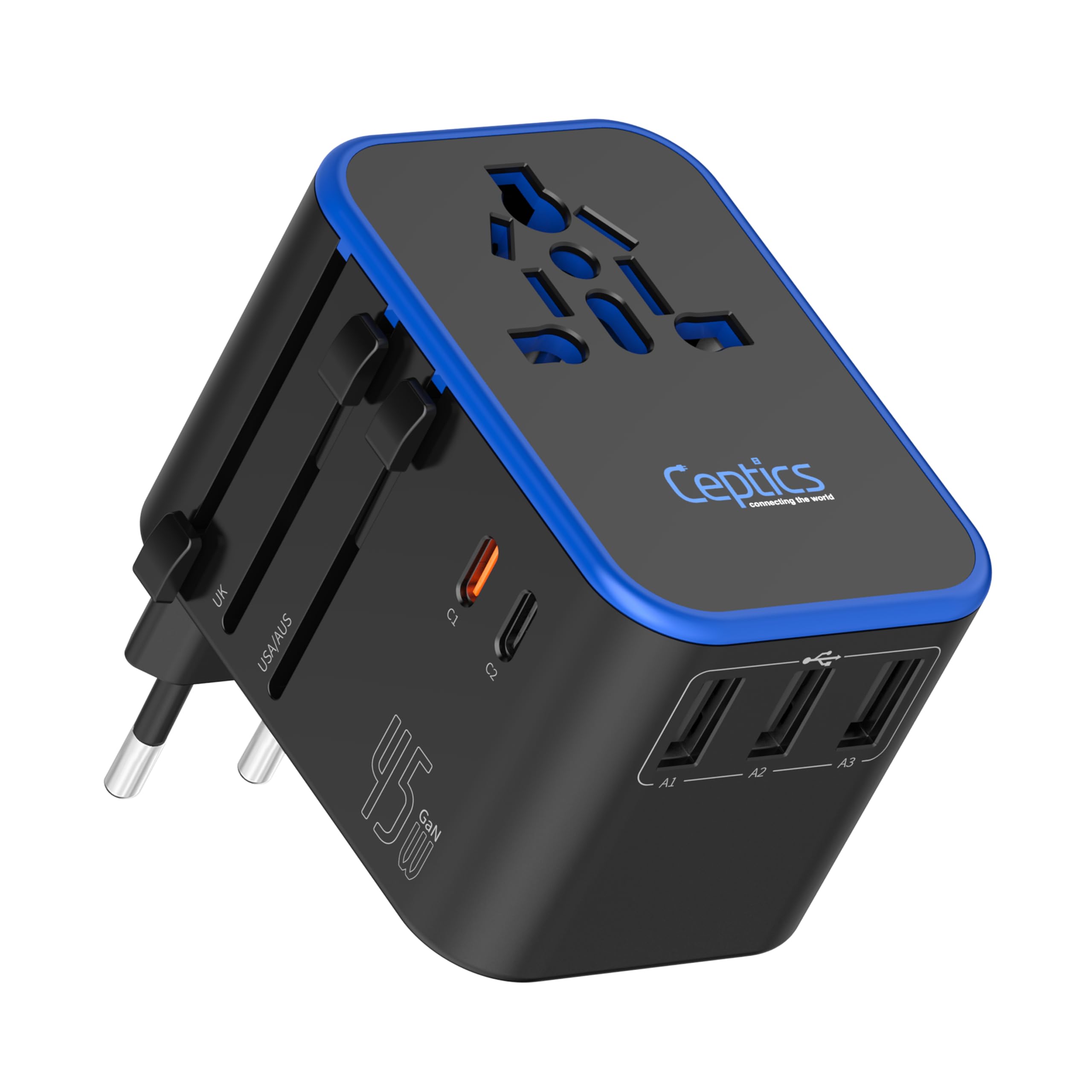 Ceptics 45W Universal Travel Adapter w/ 3 USB-A, 2 USB-C & Universal Input | Int