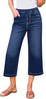 GRAPENT Capri Jeans for Women Wide Leg High Waisted Effortless Flow Pull On Stretchy Denim Elastic Waist Pants with Pockets
