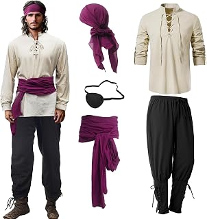 5 Pieces Pirate Costume Adult Men Eye Patch Medieval Shirt Trousers Bandana Belt, Pirate Outfit Halloween Costumes for Carnival, Cosplay Parties