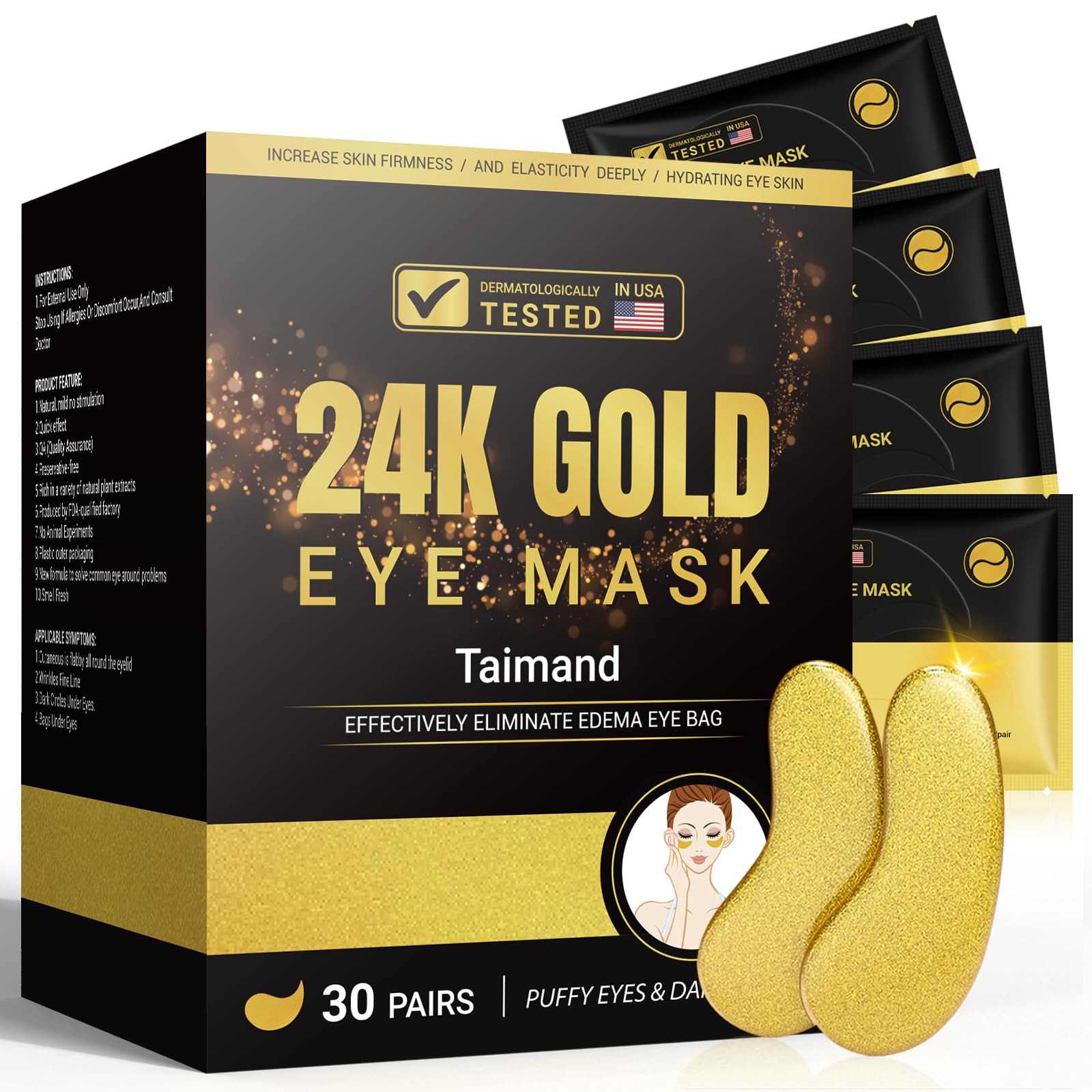 Taimand Under Eye Patches (30 Pairs), 24K Gold Eye Mask for Dark Circles | for P
