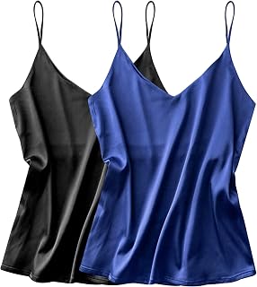 Ekouaer Camisolas de satén de seda con tirantes delgados para mujer, 2 unidades, sexy, sin mangas, cuello en V, camiseta sin mangas - - Small