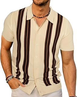 PJ PAUL JONES Mens Vintage Geometric Pattern Striped Knit Casual Polo Shirt