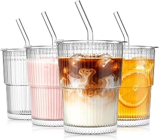 SoulTimes 380 ml Ribbed Glass Tumbler with Straw and Lid, Set of 4 - Iced Coffee Cups for Coffee, Matcha, Smoothies & Juice, Reusable Thick Glass Cups, Elegant Home & Travel Glassware