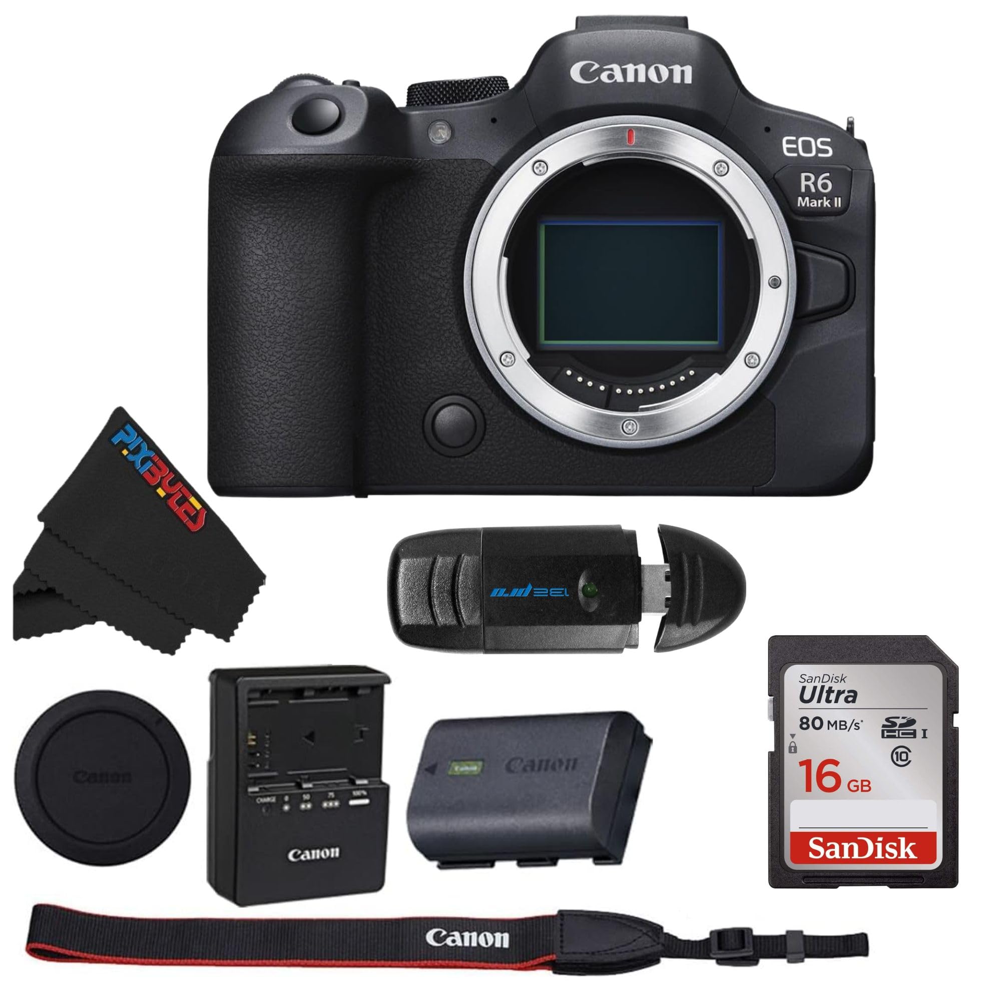 Canon EOS R6 Mark II Mirrorless Camera with PIXIBYTES Microfiber Cleaning Cloth.