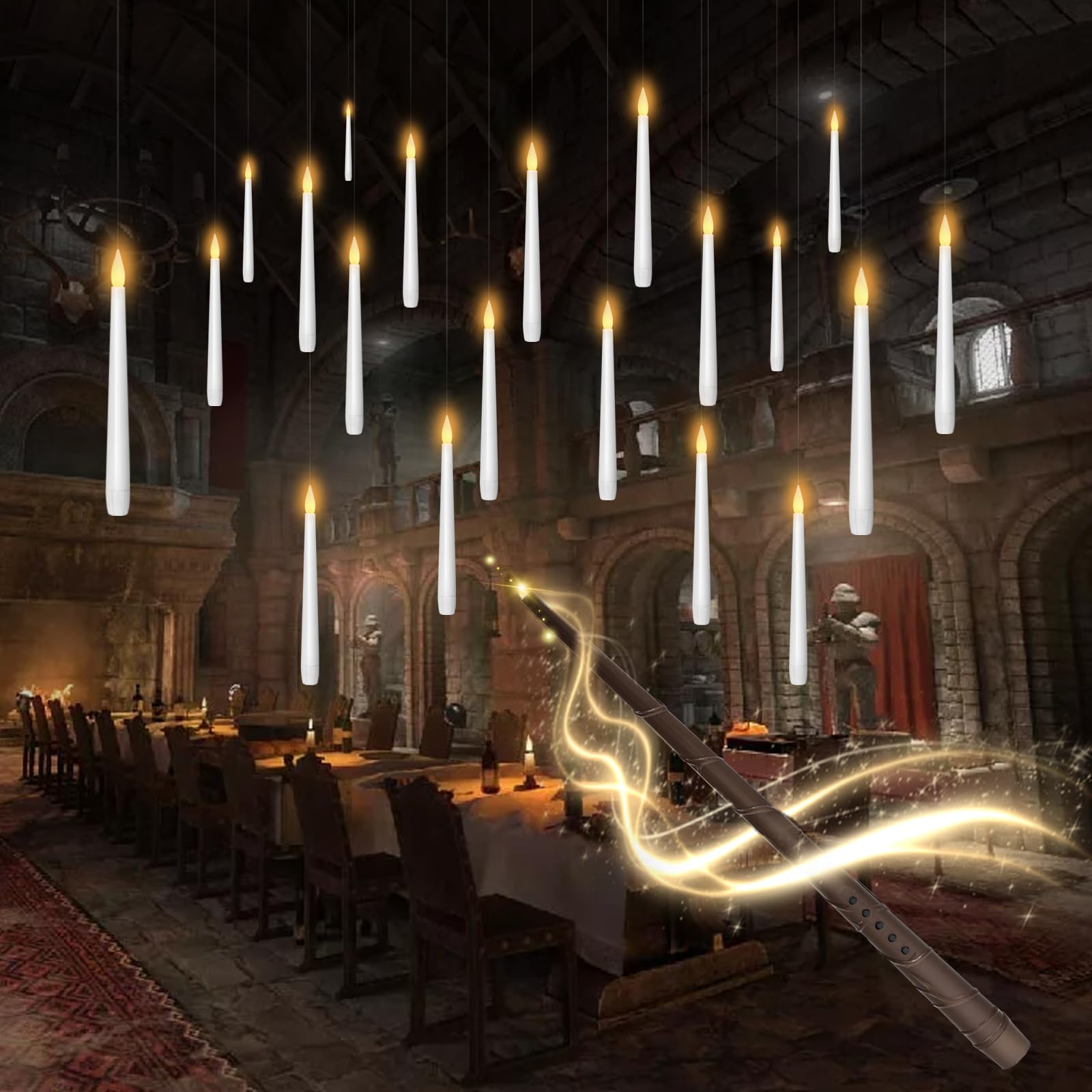 kakoya Flameless Floating Candles with Wand，20 Pcs Magic LED Hanging Taper Candl