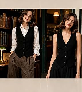 Women V‑Neck Button Sleeveless Vest,Slim Fit Office Daily Outerwear