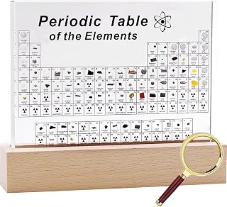 SETHVILL Periodic Table with 83 Real Elements Inside, Acrylic Periodic Table of Chemical Elements with Wooden Stand and Magnifying Glass, Periodic Table Display with Elements for Teacher Students