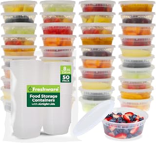 Freshware Food Storage Containers with Lids 8 oz [50 Set] Deli Containers | Plastic Containers with Lids, Freezer Storage Containers, Leakproof, BPA Free, Stackable, Microwave/Dishwasher Safe