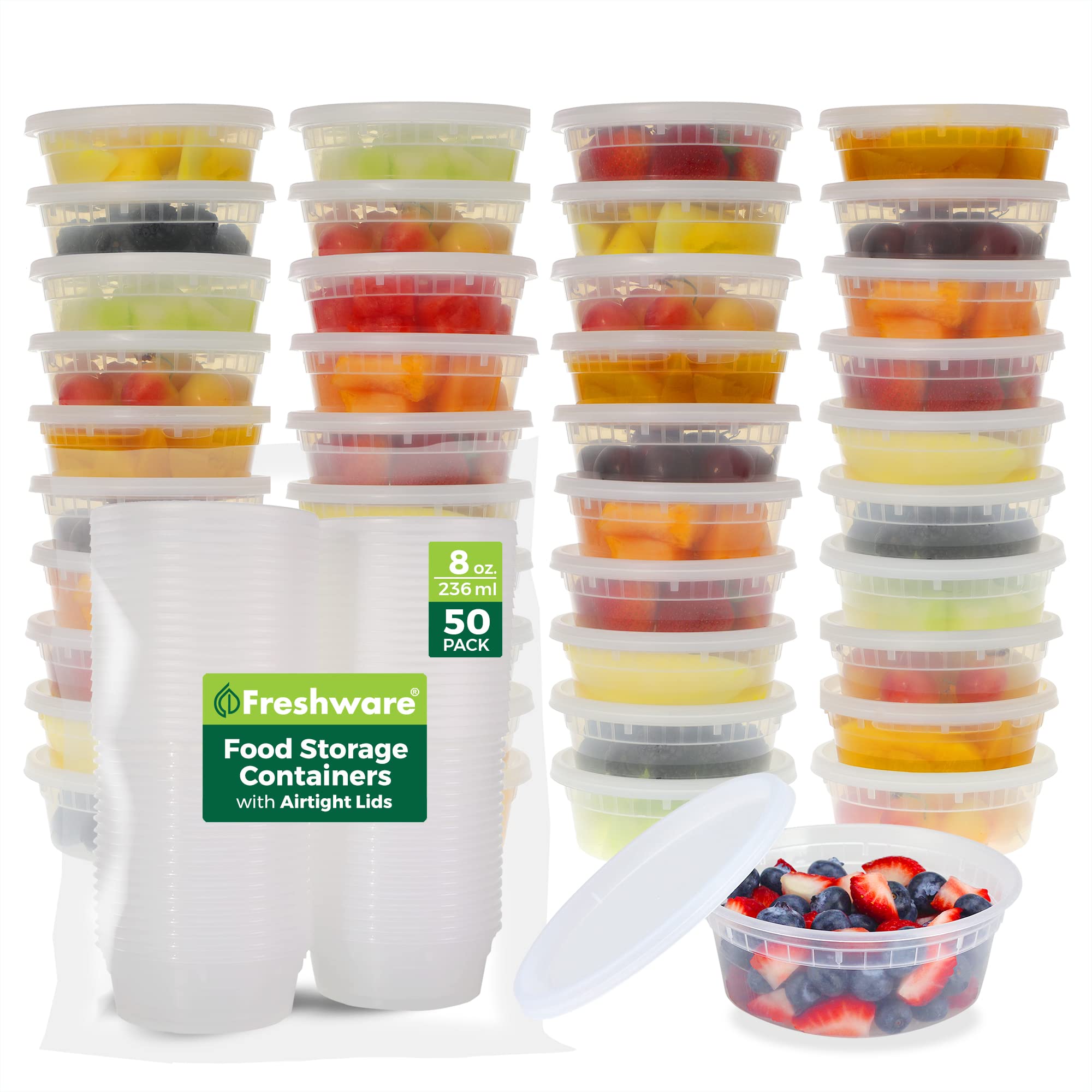 Freshware Food Storage Containers with Lids 8 oz [50 Set] Deli Containers | Plas