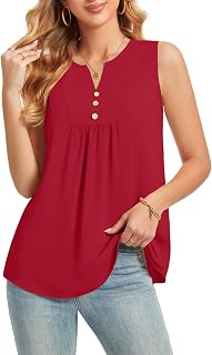 ALIGADUO Summer Womens Sleeveless Casual Loose V Neck Tank Tops Basic Pleated Tunic With Button