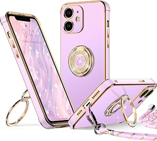 XYZ Custodia per iPhone 11 con supporto, custodia per telefono con cavalletto a doppio anello, donne e ragazze, custodia protettiva di lusso con cuore per iPhone 11, viola
