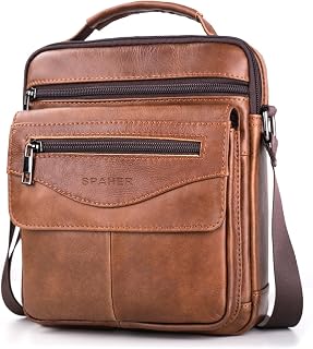 SPAHER Men's Genuine Leather Messenger Bag Men's Shoulder Bag Large Shoulder Bag Business Handbags Travel Bag for iPad 11 Inch Brown