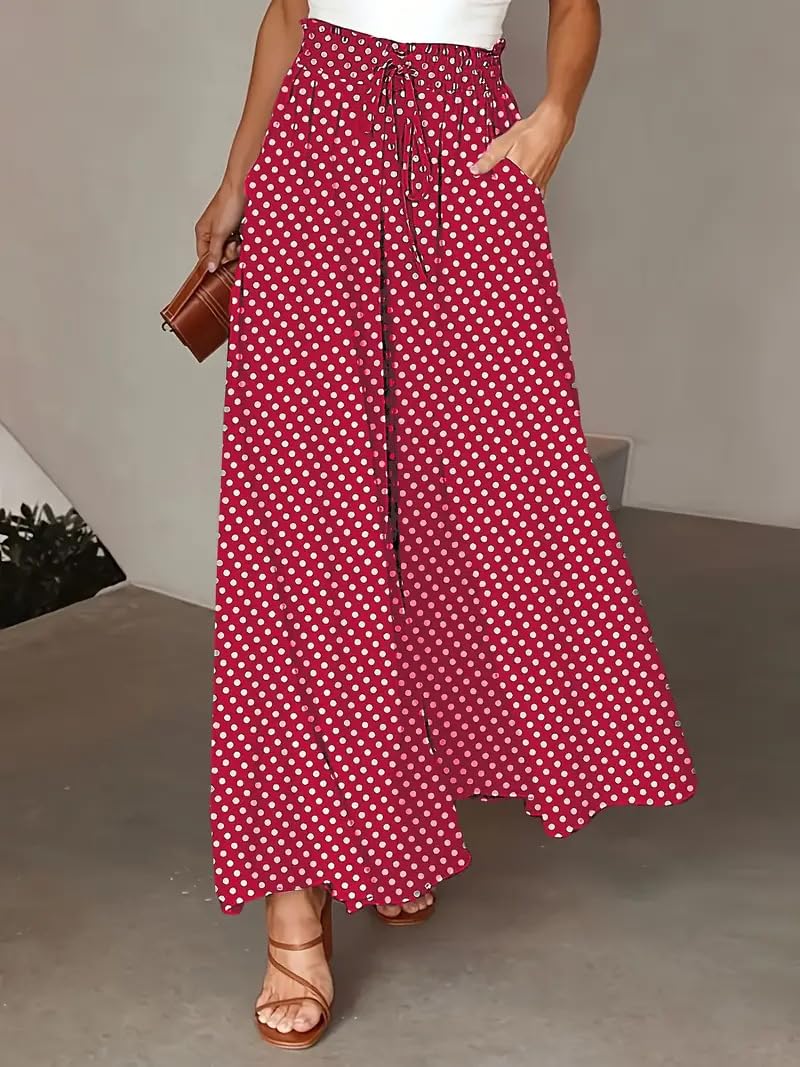 Polka dot Trousers, High-Rise Elastic Waist Palazzo Pants, Casual Dotted Wide-Le