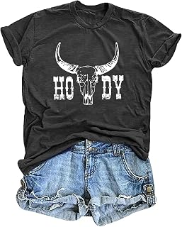 QAUN Cowgirl Shirts for Women Howdy Tshirt Western Bull Skull Summer Tops