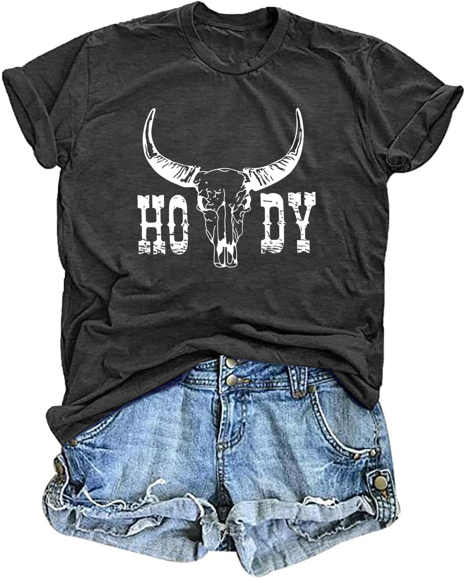 QAUN Cowgirl Shirts for Women Howdy Tshirt Western Bull Skull Summer Tops
