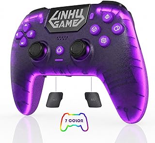 linhugame Wireless Controller Compatible with PS5/Slim/Pro/PC Purple | Transparent Textured Shell/RGB Light/Hall Joyticks and Trigger/Macro/Turbo/3.5mm Jack/Speaker and Mic/1500 mAh Battery