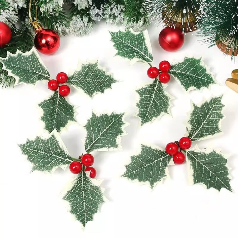 20 Pcs Fake Red Fruit Leaves Holly Berries DIY Plants Gift Box Home Christmas Ne