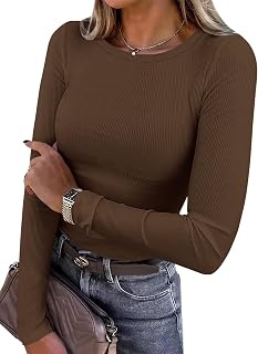 PRETTYGARDEN Women's Fall Long Sleeve Shirts Basic Tees | Comfy Stretchy Ribbed Fabric, Slim Fitted Underscrub, Crewneck Going Out Tops, Plain Layering Clothes, Spring Casual Outfits