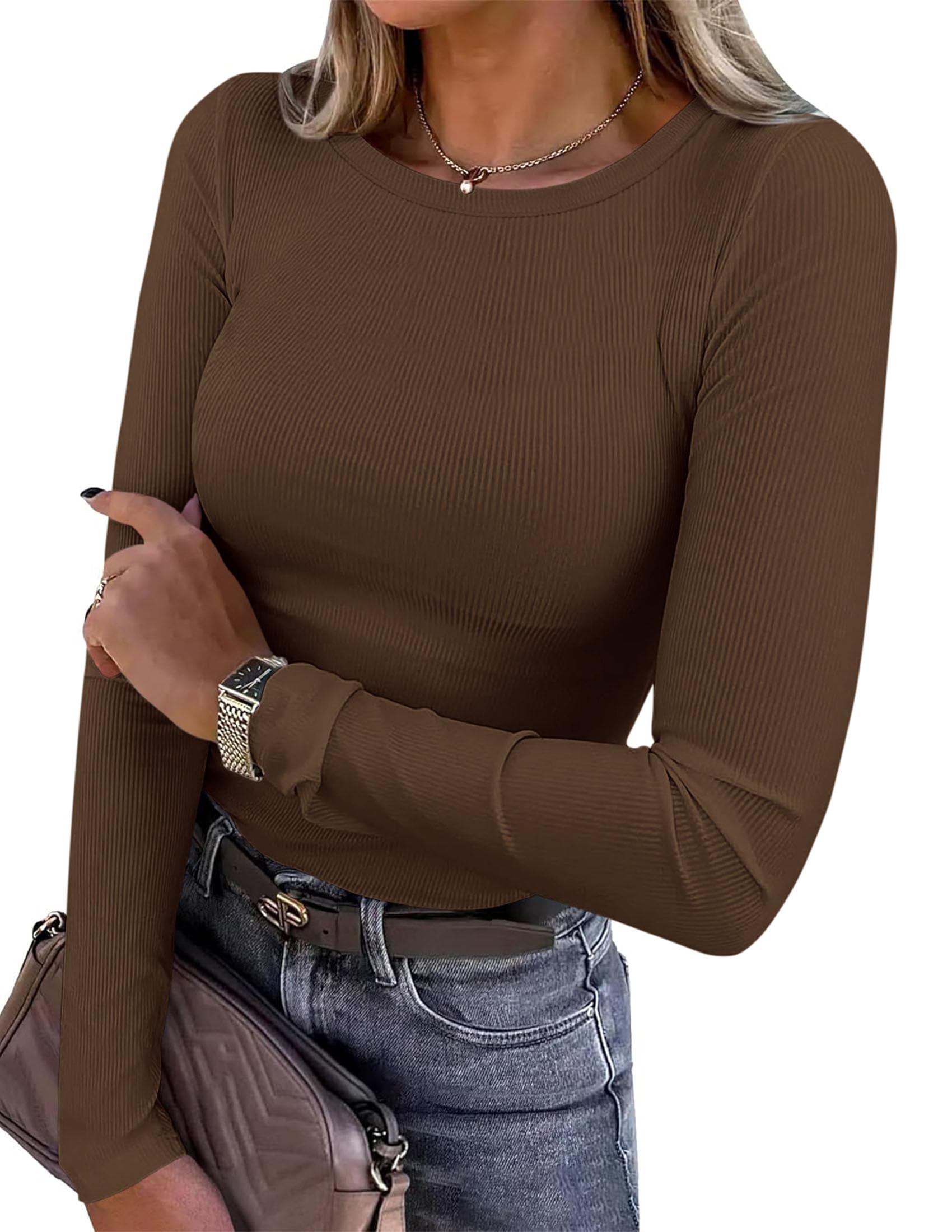 PRETTYGARDEN Women's Fall Long Sleeve Shirts Basic Tees | Comfy Stretchy Ribbed 