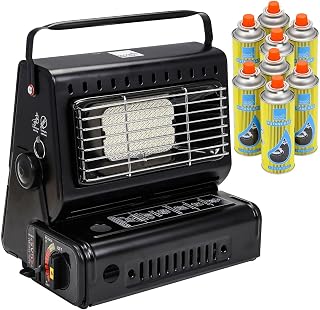Greenfields Outdoor Gas Heater with 8 Canisters, Portable 1.3kW Camping Heater with Ceramic Burner, Compact Lightweight, Auto Ignition Safety Grill for Patio Garden Caravan, Black