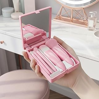 Travel Makeup Brushes Set of 5 - Portable Travel Mini Size Makeup Brush Set with Mirror Box for Foundation Blush Eye Shadow